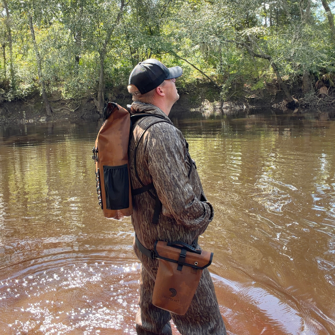 Dry Pocket waterproof, scent proof, and floating coyote brown backpack dry bag