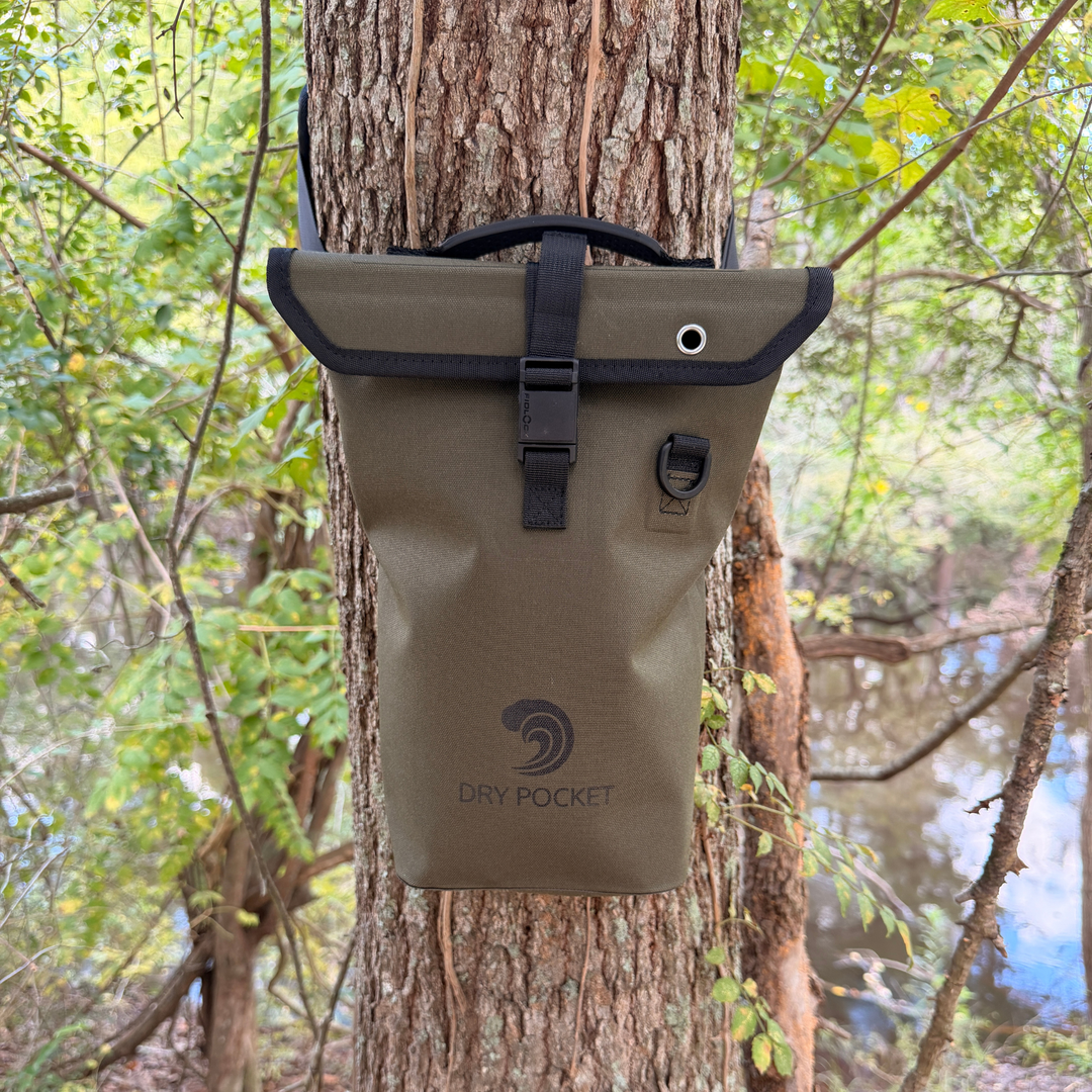 Dry Pocket magnetic double lock auto-sealing, waterproof, scent proof, and floating shell bag or dry bag. 