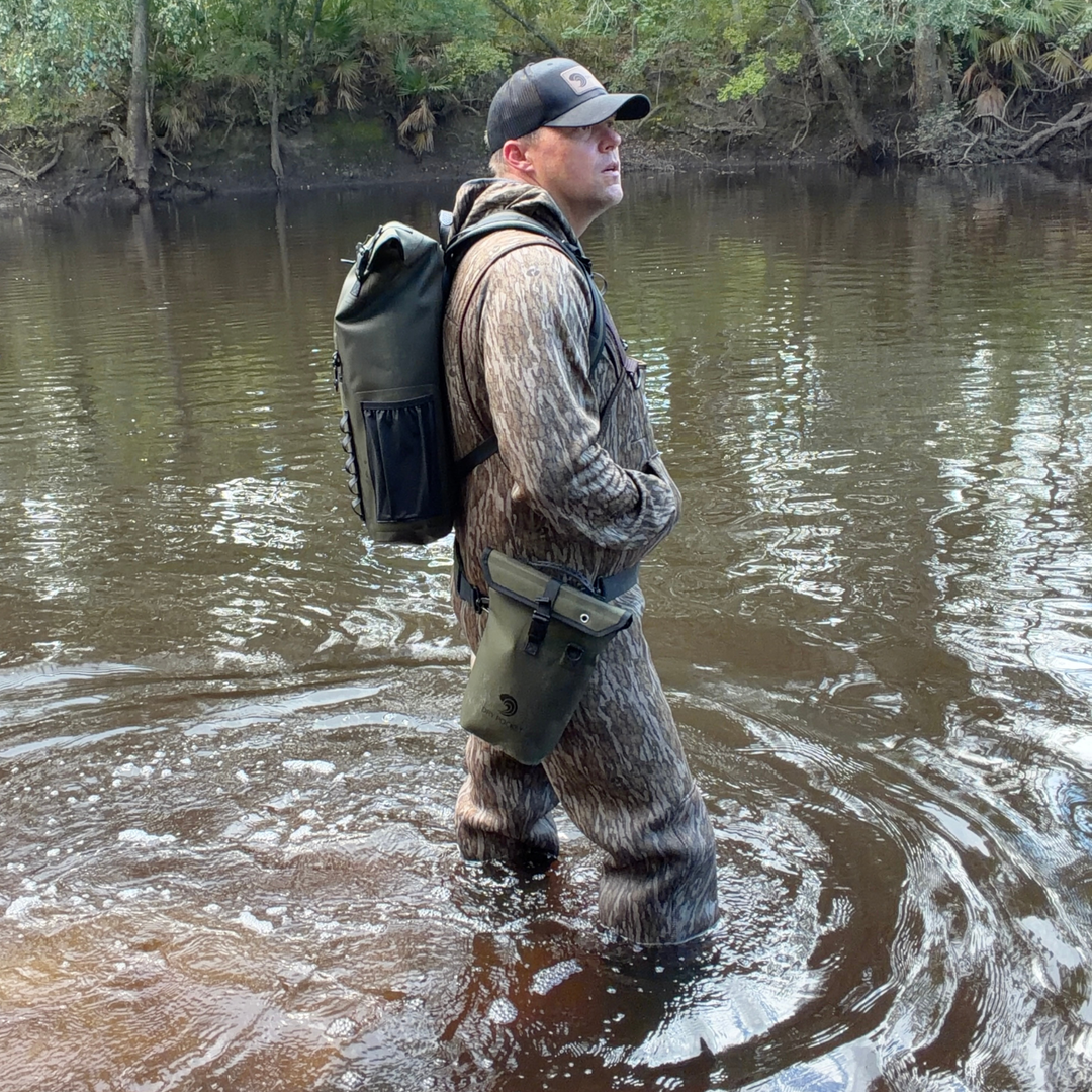 Dry Pocket magnetic double lock auto-sealing, waterproof, scent proof, and floating shell bag or dry bag. 