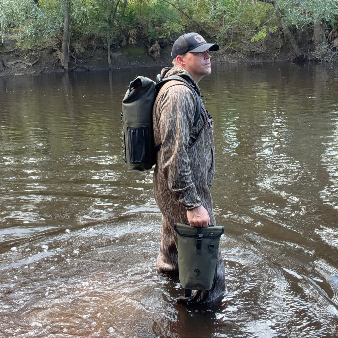 Dry Pocket magnetic double lock auto-sealing, waterproof, scent proof, and floating shell bag or dry bag. 