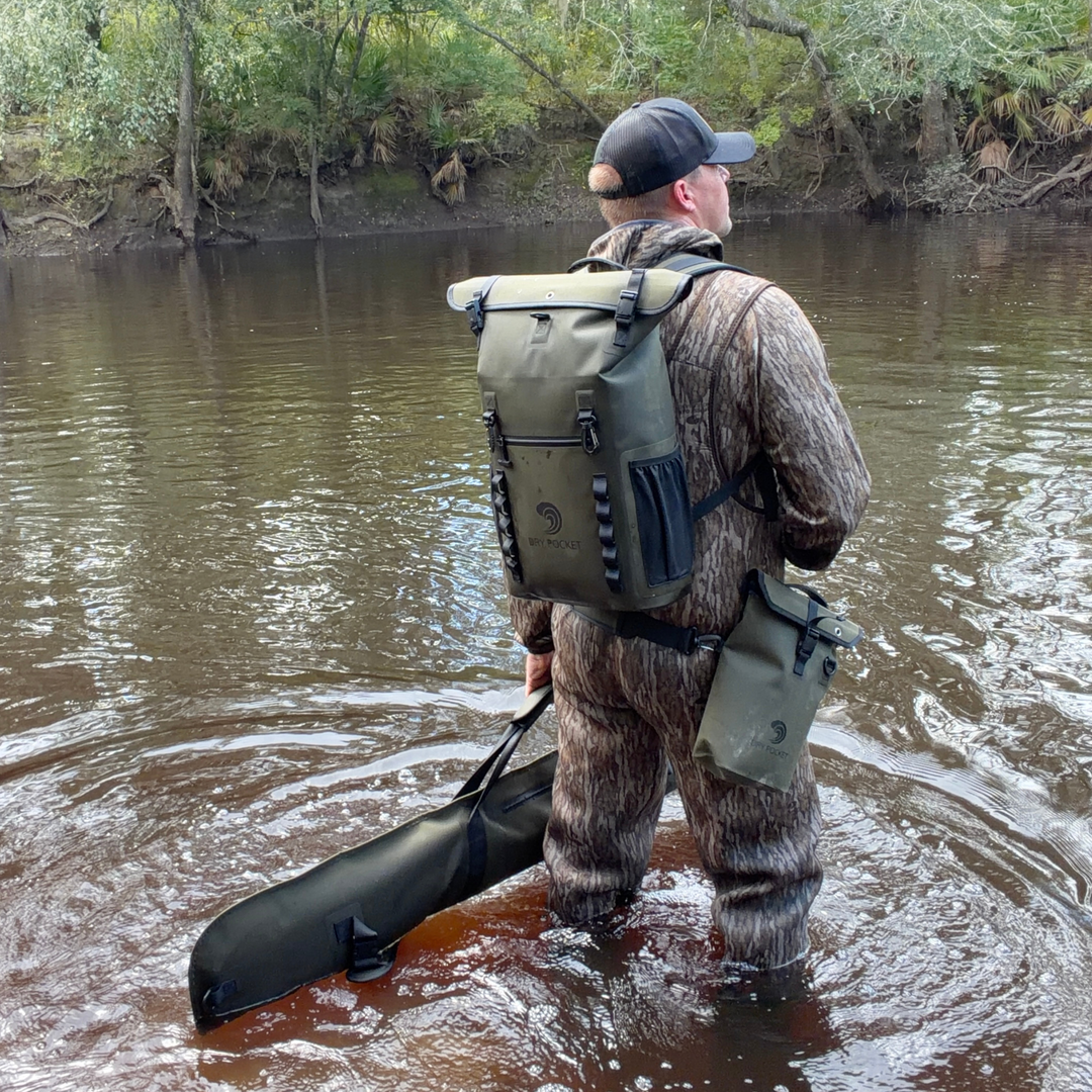 Dry Pocket magnetic double lock auto-sealing, waterproof, scent proof, and floating olive night shotgun bag for waterfowl hunting 