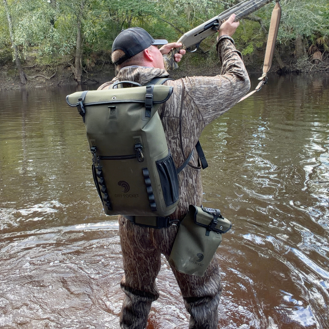 Dry Pocket magnetic double lock auto-sealing, waterproof, scent proof, and floating shell bag or dry bag. 