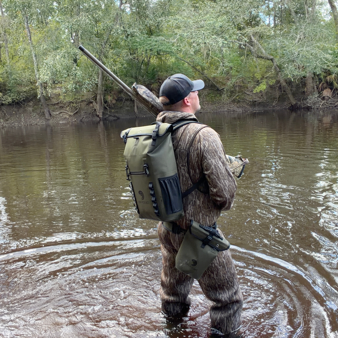 Dry Pocket auto-sealing, waterproof, scent proof, and floating olive night backpack dry bag for hunting and fishing 