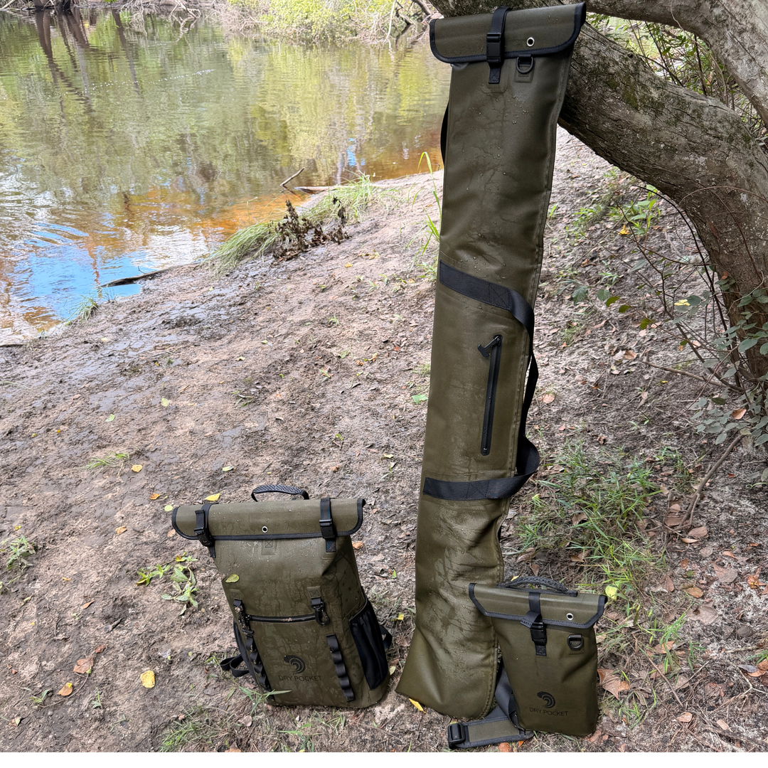 Dry Pocket auto-sealing, waterproof, scent proof, and floating olive night backpack dry bag for hunting and fishing 