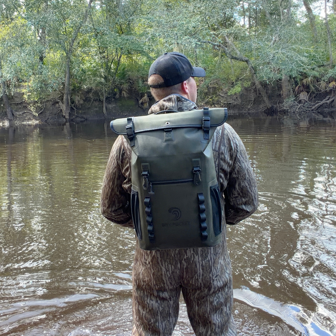 Dry Pocket auto-sealing, waterproof, scent proof, and floating olive night backpack dry bag for hunting and fishing 