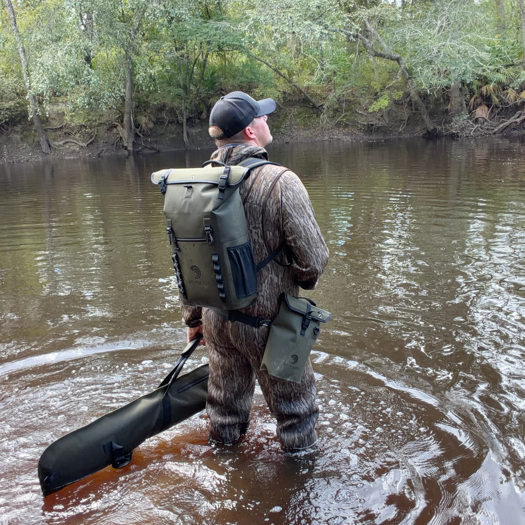 Dry Pocket auto-sealing, waterproof, scent proof, and floating olive night backpack dry bag for hunting and fishing 