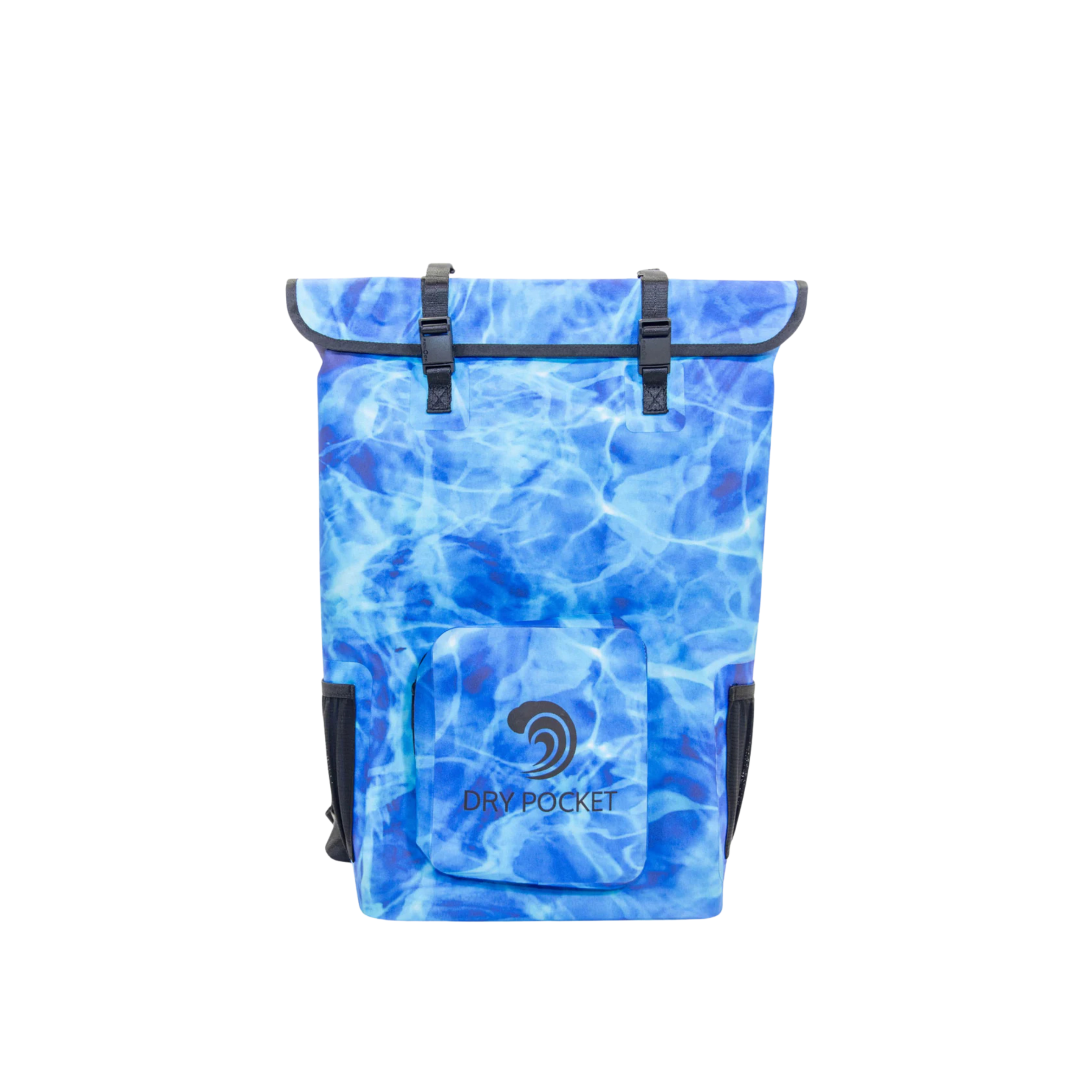 Dry Pocket blue magnetic auto-sealing, waterproof, scent proof, and floating 18 can backpack cooler that can also act as a waterproof dry bag. 
