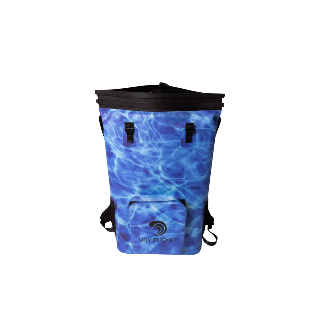 Dry Pocket blue magnetic auto-sealing, waterproof, scent proof, and floating 18 can backpack cooler that can also act as a waterproof dry bag. 