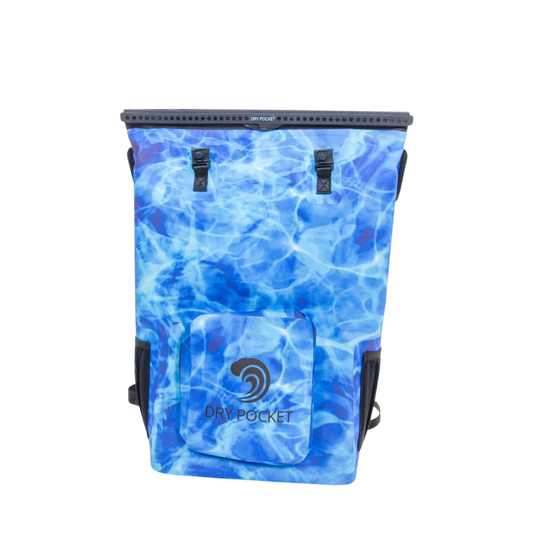 Dry Pocket blue magnetic auto-sealing, waterproof, scent proof, and floating 18 can backpack cooler that can also act as a waterproof dry bag. 