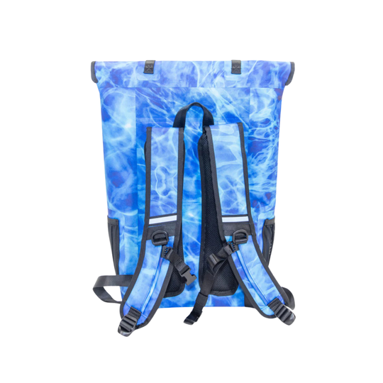 Dry Pocket blue magnetic auto-sealing, waterproof, scent proof, and floating 18 can backpack cooler that can also act as a waterproof dry bag. 