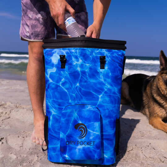 Dry Pocket blue magnetic auto-sealing, waterproof, scent proof, and floating 18 can backpack cooler that can also act as a waterproof dry bag. 