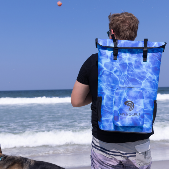 Dry Pocket blue magnetic auto-sealing, waterproof, scent proof, and floating 18 can backpack cooler that can also act as a waterproof dry bag. 