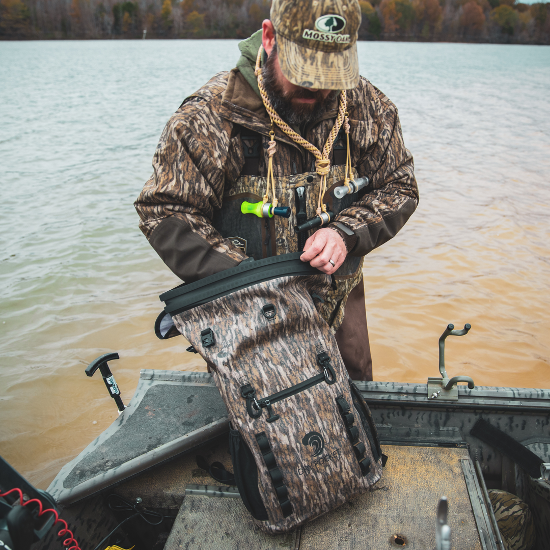 Dry Pocket waterproof, scent proof, and floating backpack dry bag or blind bag with Mossy Oak Bottomland camo. 