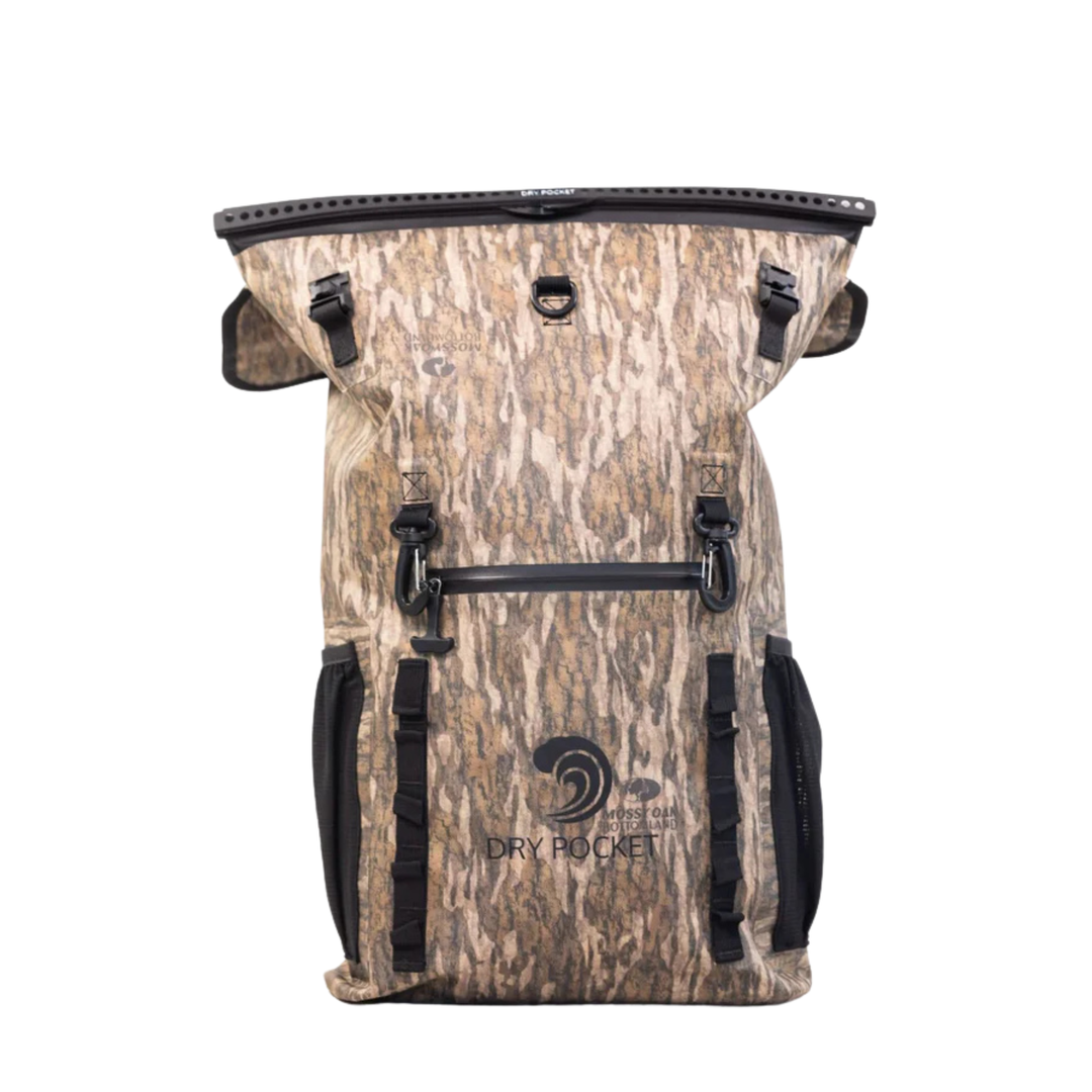 Dry Pocket waterproof, scent proof, and floating backpack dry bag or blind bag with Mossy Oak Bottomland camo. 