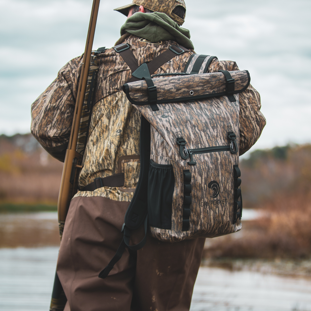 Dry Pocket waterproof, scent proof, and floating backpack dry bag or blind bag with Mossy Oak Bottomland camo. 