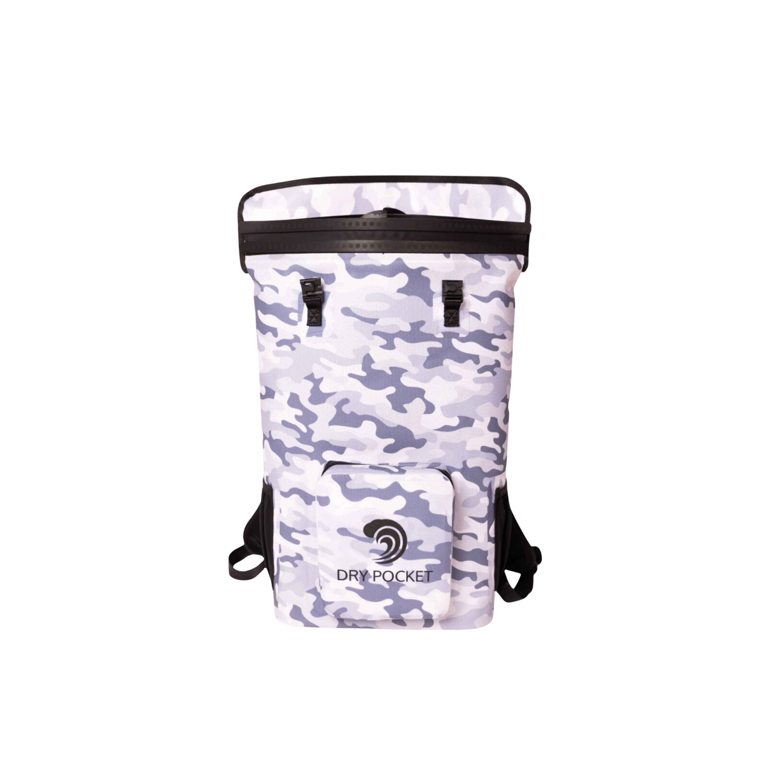 Dry Pocket snow camo magnetic auto-sealing, waterproof, scent proof, and floating backpack cooler that can also act as a waterproof dry bag. 