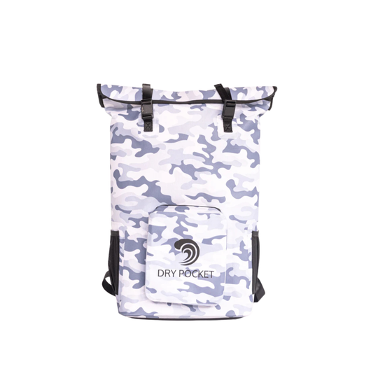 Dry Pocket snow camo magnetic auto-sealing, waterproof, scent proof, and floating backpack cooler that can also act as a waterproof dry bag. 