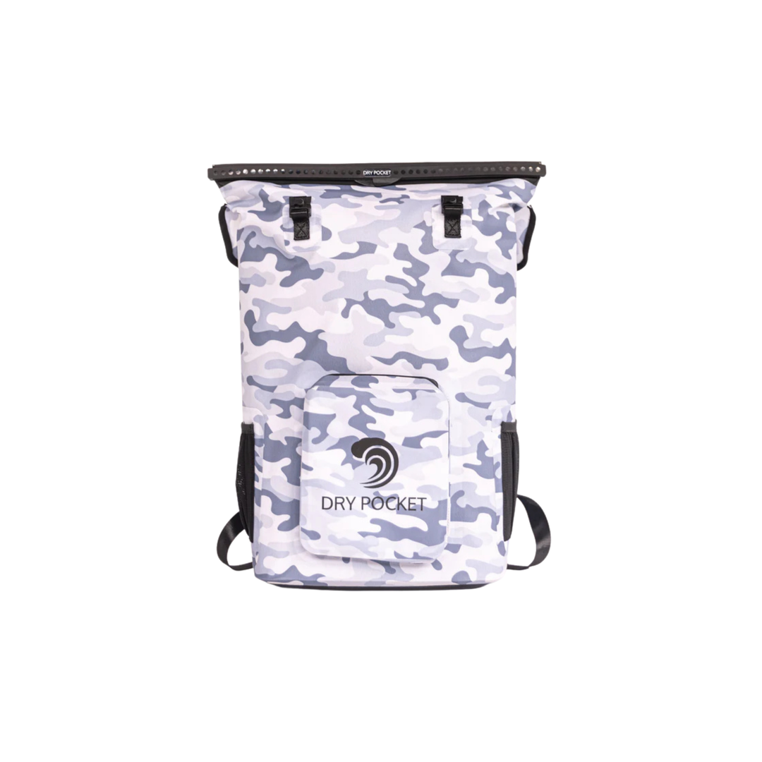 Dry Pocket snow camo magnetic auto-sealing, waterproof, scent proof, and floating backpack cooler that can also act as a waterproof dry bag. 