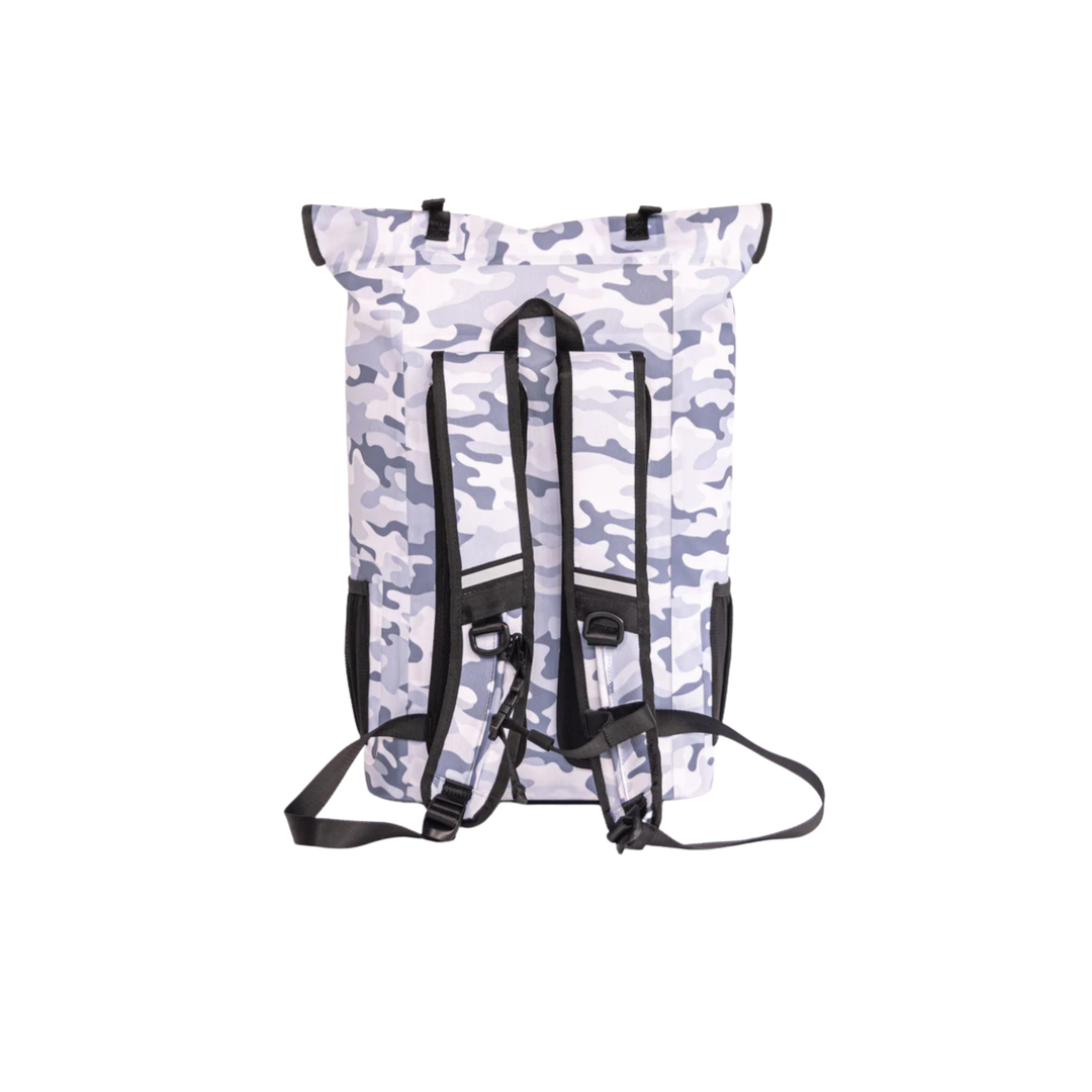 Dry Pocket snow camo magnetic auto-sealing, waterproof, scent proof, and floating backpack cooler that can also act as a waterproof dry bag. 